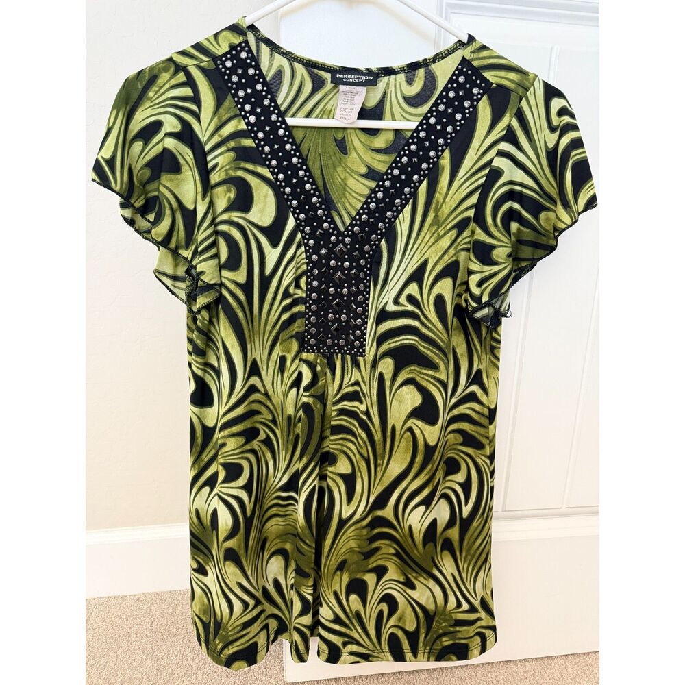 Perseption Concept Women's Green Black Printed Top Size S Embellished Neckline